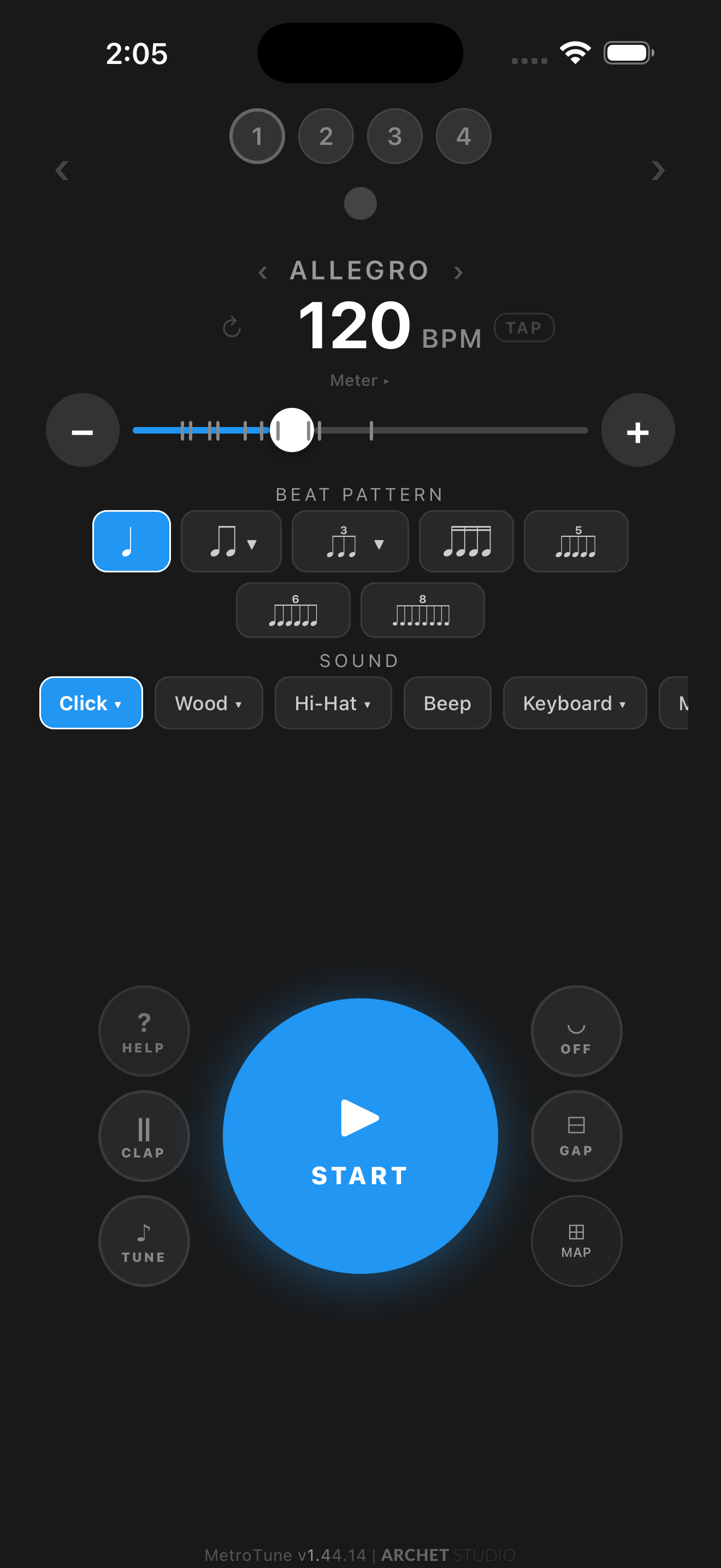 MetroTune Metronome view showing tempo, beat pattern, and sound controls