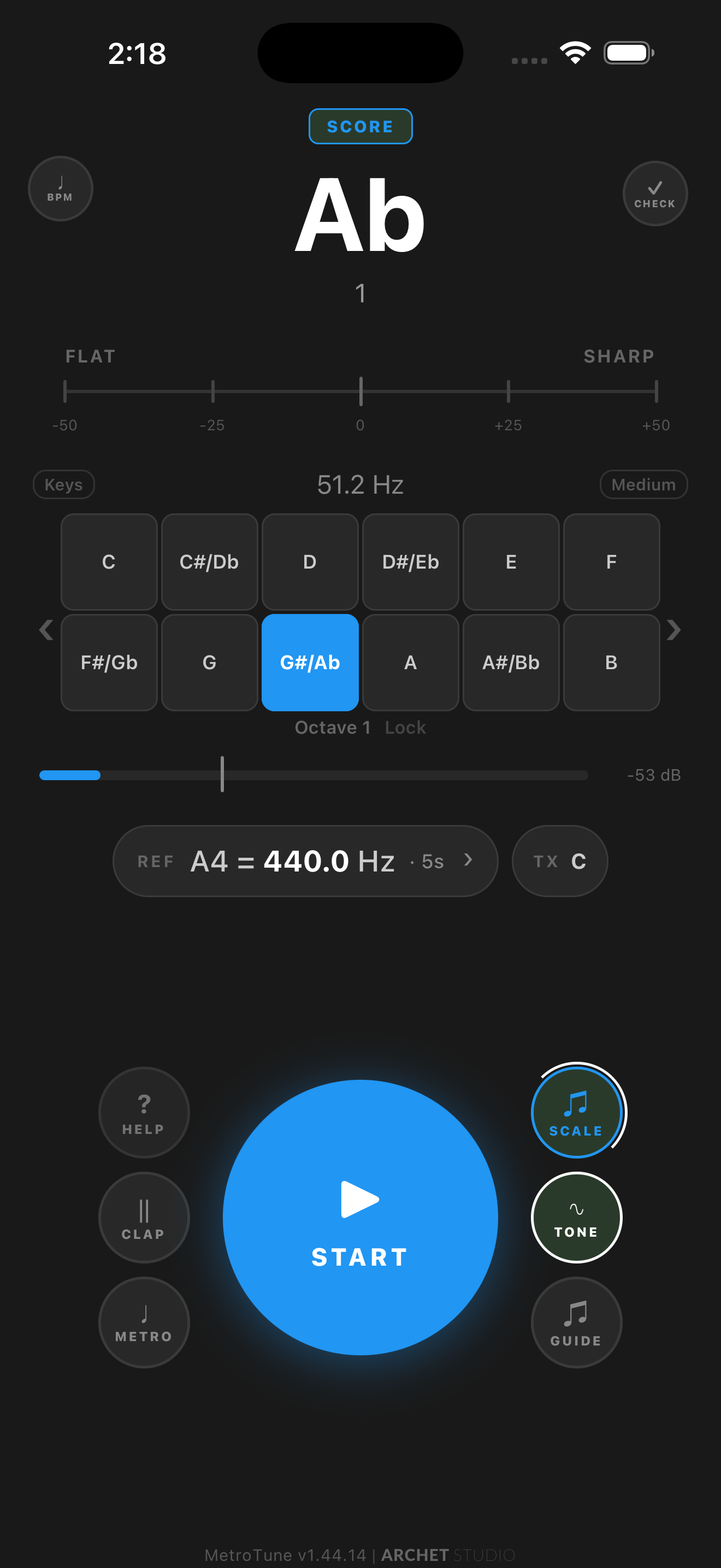 MetroTune Tuner page where the transpose feature lives — same screen, with a TX pill on the reference row when transpose is active