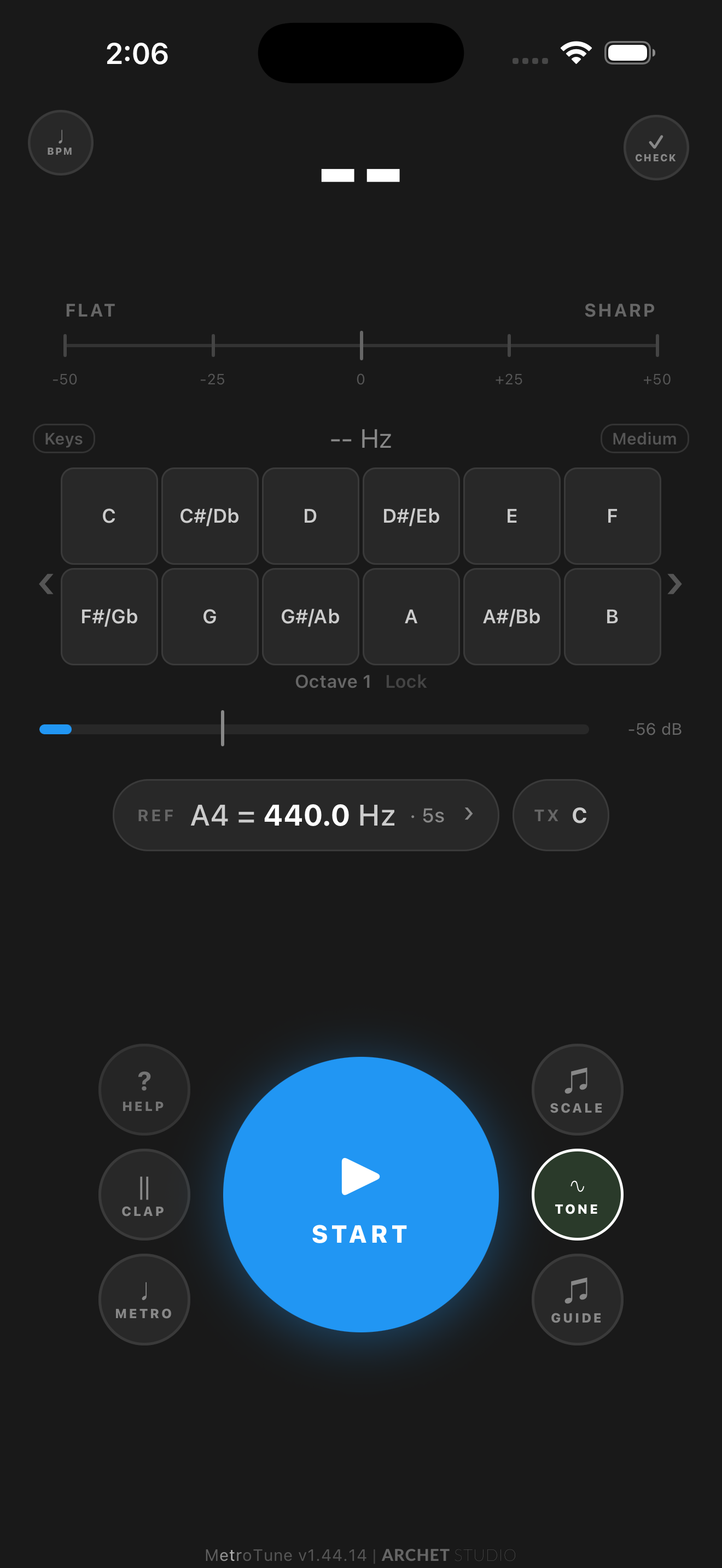 MetroTune Tuner view showing pitch gauge and note grid