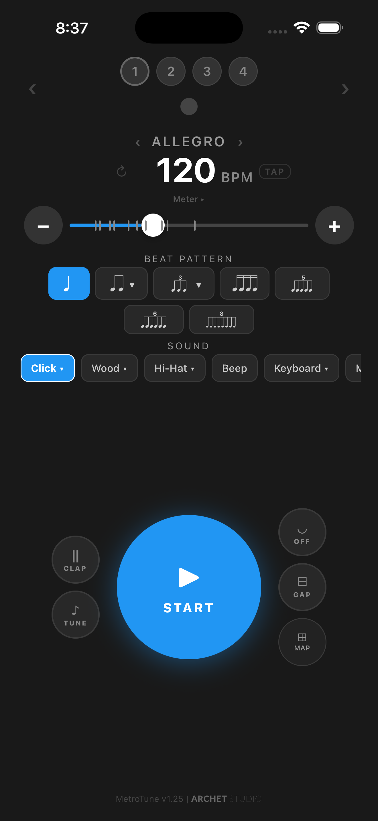 MetroTune metronome screen showing 120 BPM in 4/4 time with beat pattern selector and sound options