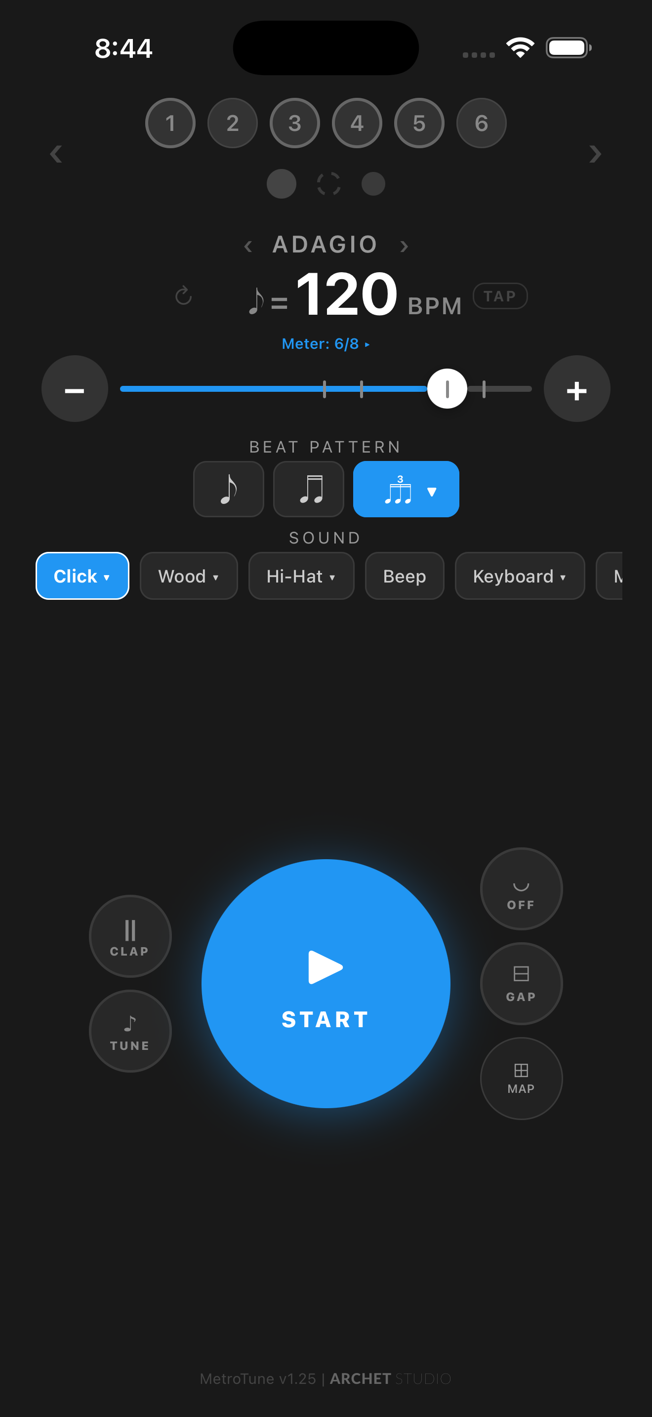MetroTune in 6/8 compound meter showing adapted beat patterns and subdivision controls