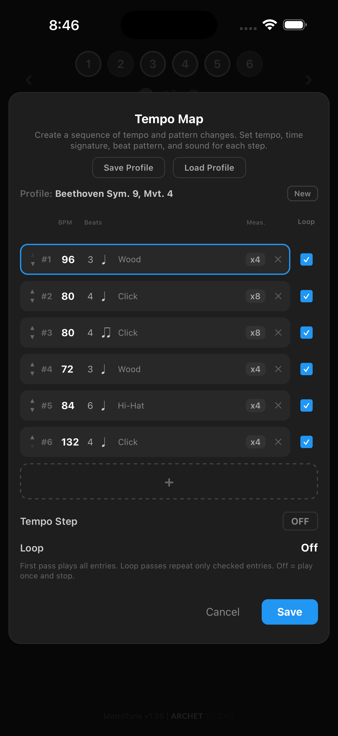 Tempo Map showing Beethoven Sym. 9 profile with 6 entries of varying tempos and patterns