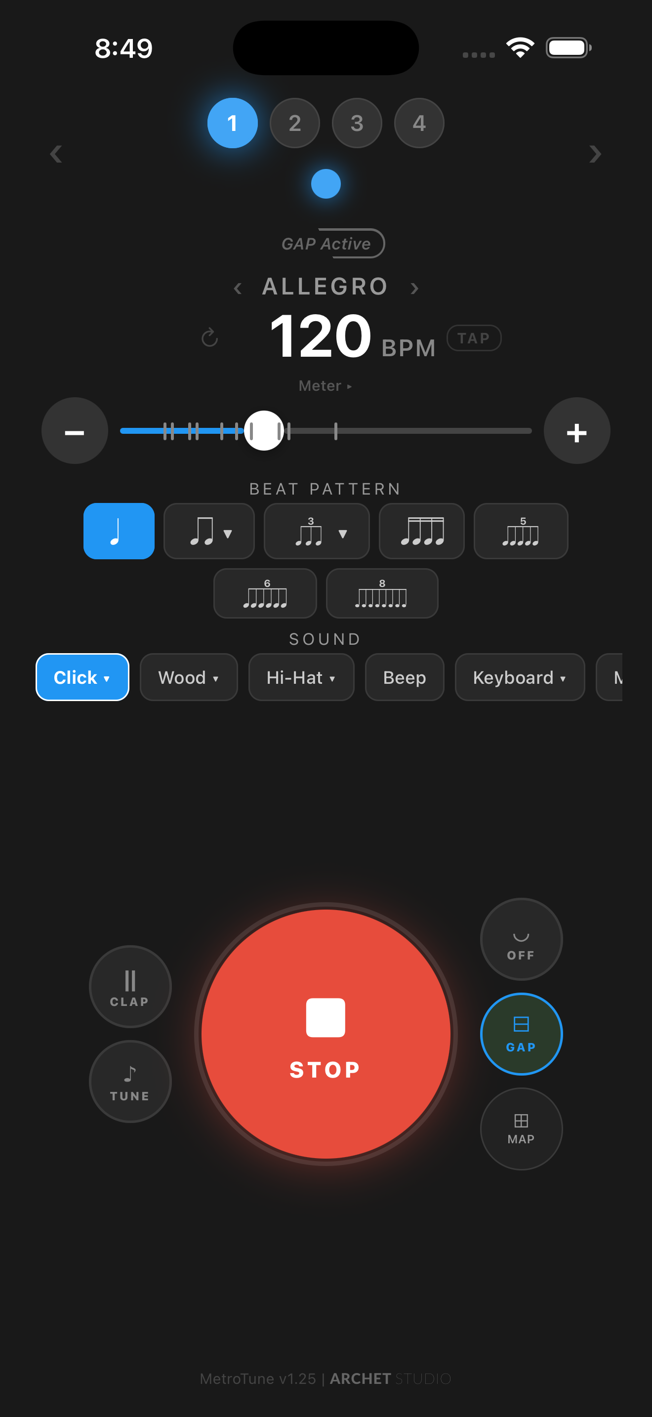 Gap Click training active with GAP indicator and red stop button