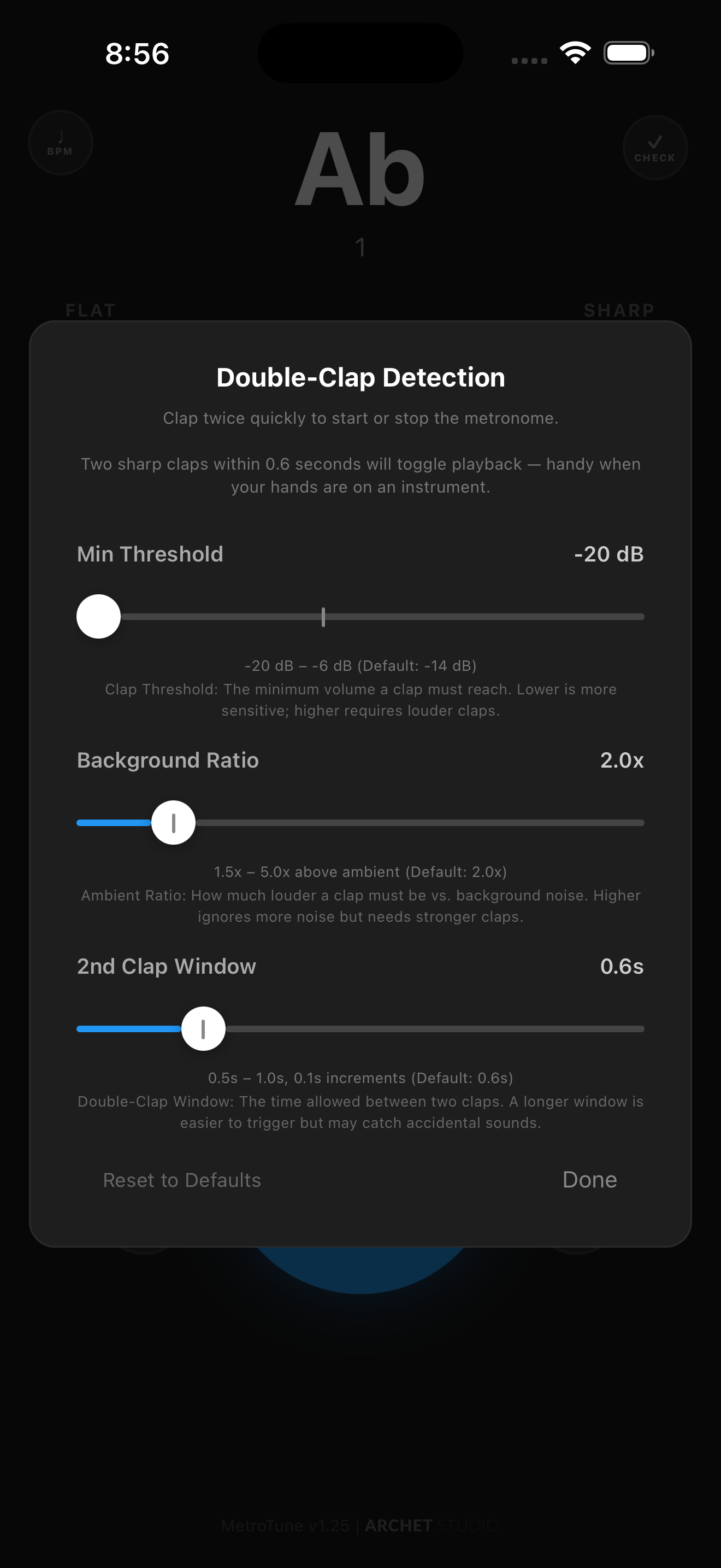 Double-clap detection settings with threshold, background ratio, and timing controls