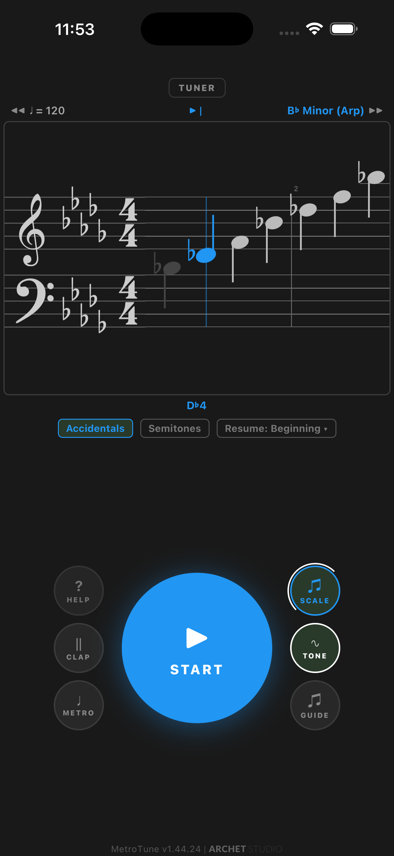 Score View showing a B-flat minor arpeggio on a grand staff with treble and bass clefs, five-flat key signature, tempo 120, and the current note D-flat 4 highlighted in blue