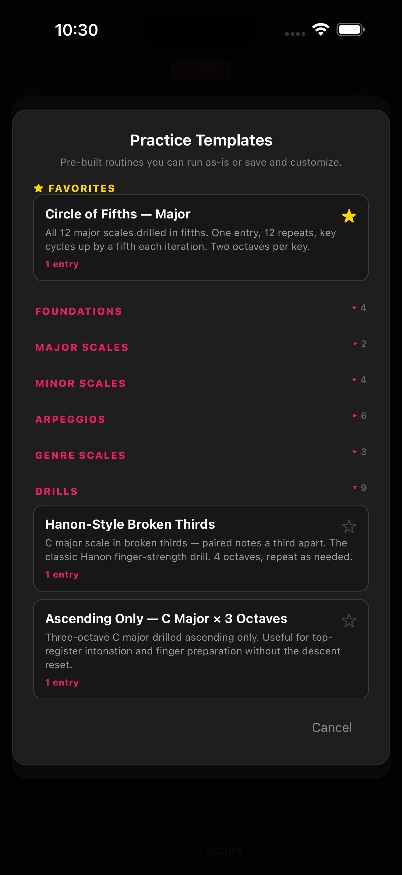 28 practice templates organized by category with a favorites row at the top